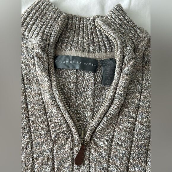 Oscar De La Renta Mens Size M Beige Brown Quarter Zip Knit Pullover Sweater - Picture 3 of 4